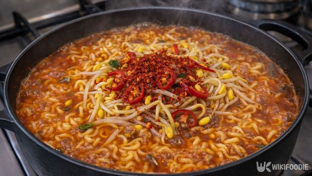 고춧가루와 콩나물이 들어간 라면이 끓고 있다. / 위키푸디