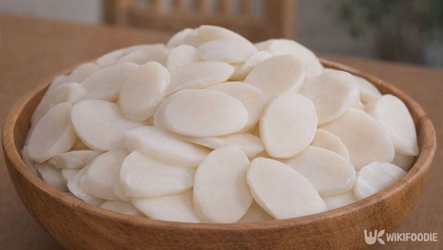 남은 떡국떡이 그릇에 담겨 있다. / 위키푸디