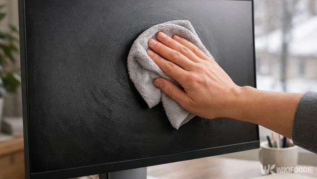 극세사 천과 물로 부드럽게 닦는 모니터 청소 장면이다. / 위키푸디