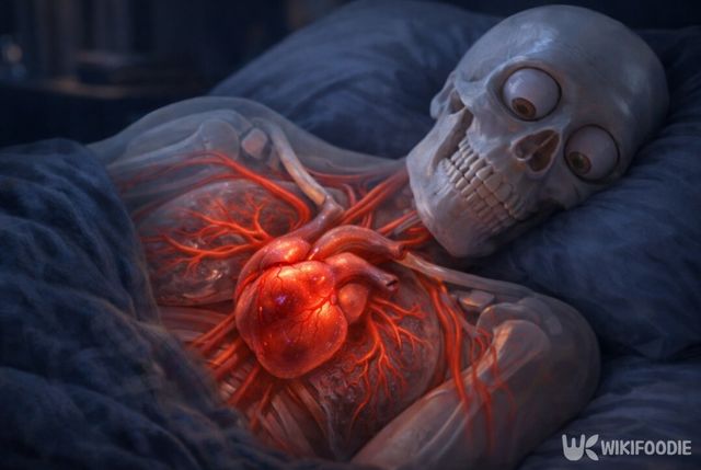 자극적인 야식 후 수면 중에도 심장이 부담을 받는 상태를 표현했다. / 위키푸디