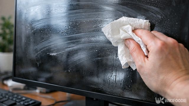 알코올이나 종이타월로 닦은 뒤 화면에 얼룩이 남은 모니터 모습이다. / 위키푸디