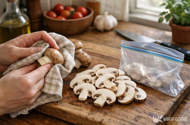 버섯을 씻지 않고 손질해 냉동 보관하는 과정이다. / 위키푸디
