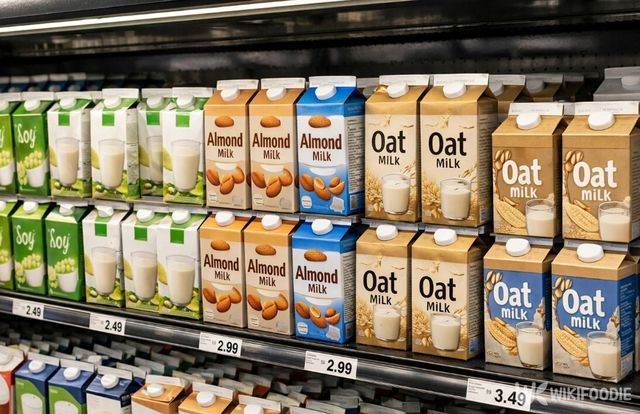 가격표가 붙은 식물성 음료 매대다. / 위키푸디