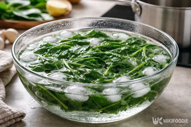 데친 뒤 바로 식힌 시금치를 냉동 준비하는 모습이다. / 위키푸디