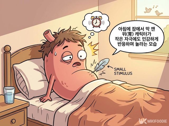 아침 예민한 상태인 위 캐릭터 삽화. / 위키푸디