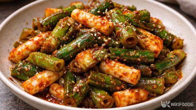 하루 숙성된 대파 김치가 그릇에 담겨 있다. / 위키푸디