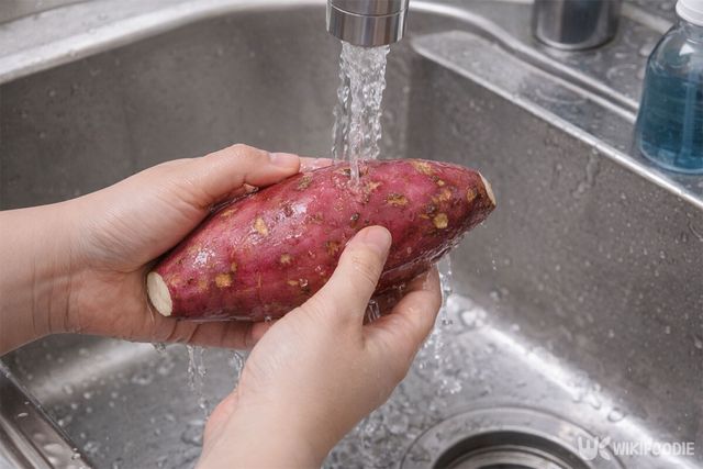 흐르는 물에 고구마를 씻고 있다. / 위키푸디