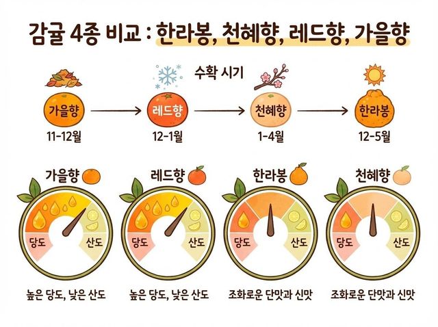 가을향·레드향·천혜향·한라봉을 수확 시기와 당도·산도로 한눈에 비교했다. / 위키푸디