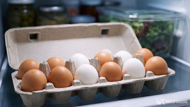 냉장고 선반에 보관 중인 달걀은 겉으로는 상태를 가늠하기 어렵다. / 위키푸디