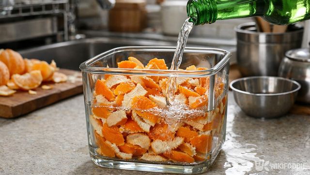 귤껍질을 담은 용기에 소주를 붓고 있다. / 위키푸디