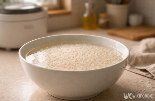 쌀을 충분히 불리면 속까지 고르게 익어 밥의 식감이 안정된다. / 위키푸디