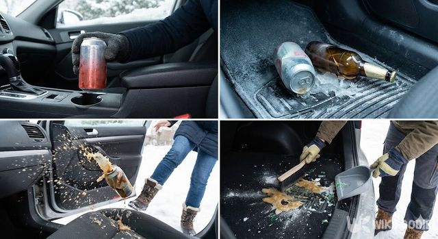 겨울철 차 안에 음료를 두면 얼어서 터지고 오염과 파손을 유발할 수 있음을 보여주는 4컷 이미지. / 위키푸디