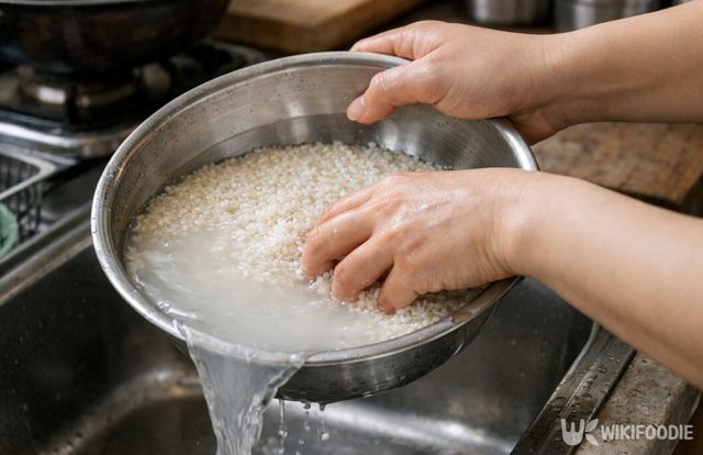쌀은 문지르지 말고 손에 힘을 빼고 가볍게 휘저어 씻는 것이 좋다. / 위키푸디