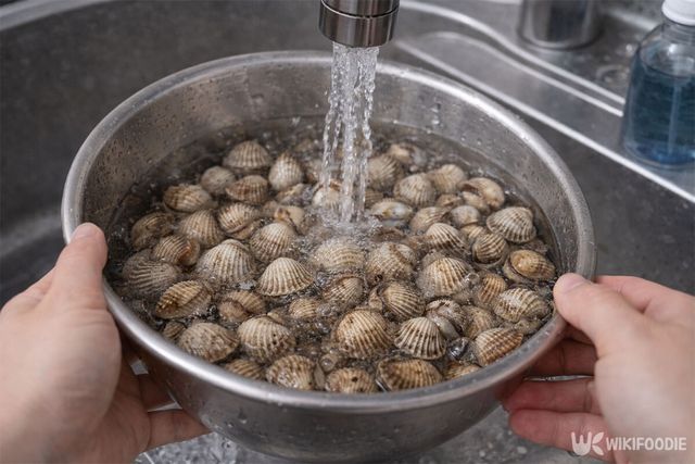 꼬막을 흐르는 물에 씻고 있다. / 위키푸디