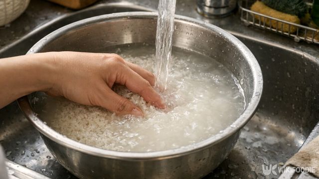 쌀은 물을 먼저 붓고 넣어야 알이 깨지지 않고 첫 물의 잡내 흡수를 줄일 수 있다. / 위키푸디