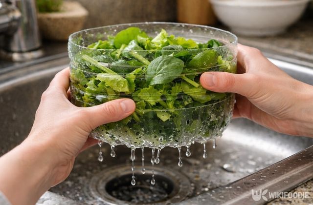 구멍을 낸 페트병으로 잎채소를 세척하는 모습이다. / 위키푸디