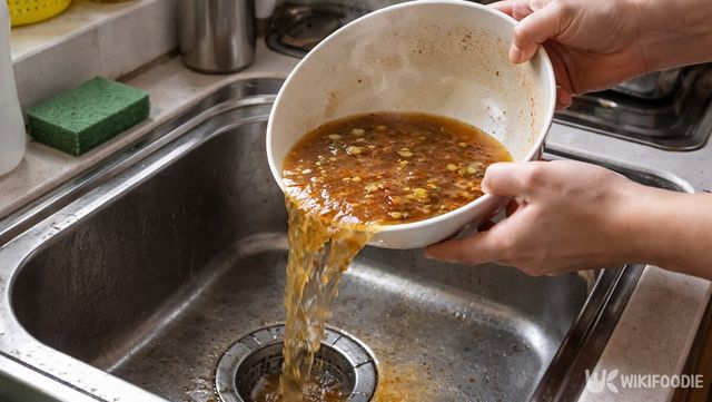 남은 라면 국물을 싱크대에 그대로 붓는 모습이다. / 위키푸디