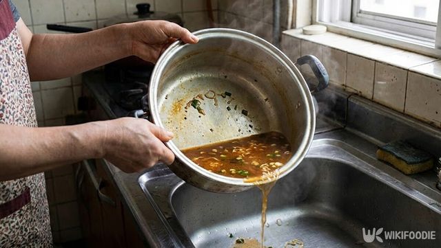 남은 라면 국물을 싱크대에 그대로 붓는 모습이다. / 위키푸디