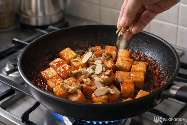 두부 강정에 견과류를 넣고 있다. / 위키푸디