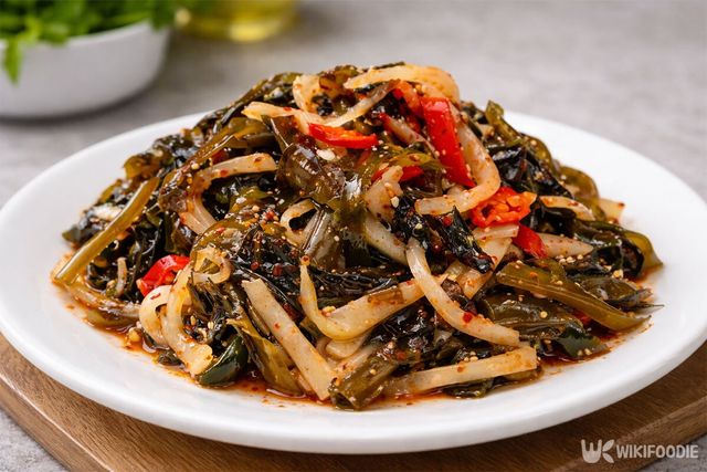 완성된 생미역 무침이 접시에 담겨 있다. / 위키푸디