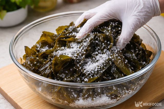 미역에 굵은 소금을 넣어 버무리고 있다. / 위키푸디