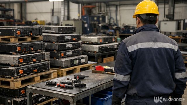 재활용 처리를 앞둔 전기차 배터리가 산업 현장에 정리돼 있다. 해당 이미지는 기사 이해를 돕기 위해 AI로 재연하였습니다. / 위키푸디