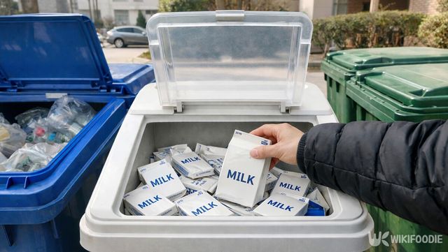아파트 분리수거장에서 주민이 우유팩을 종이팩 전용 수거함에 배출하고 있다. / 위키푸디