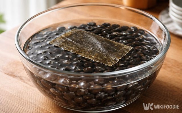 서리태 2컵과 물 6컵, 다시마 1장을 넣어 불리는 과정이다. / 위키푸디