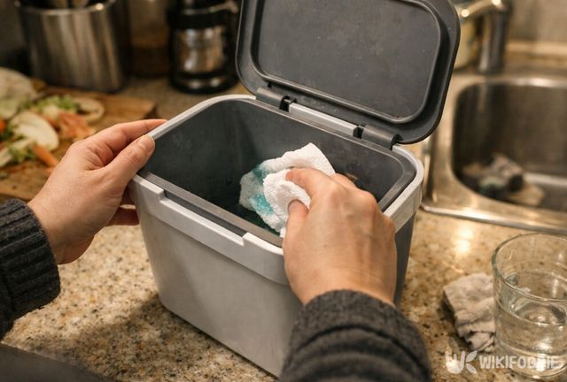 가글을 묻힌 키친타월로 음식물 쓰레기통을 닦고 있다. / 위키푸디