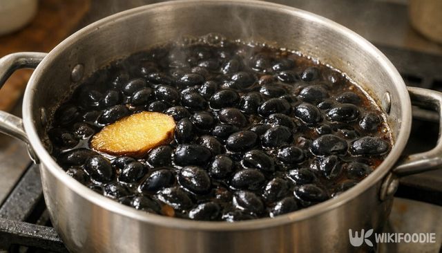 참기름과 통생강을 넣고 콩을 삶아 졸이는 과정이다. / 위키푸디
