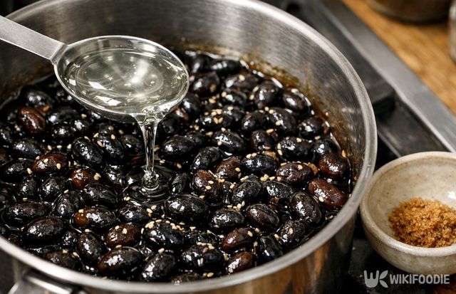 불을 끈 뒤 물엿과 단맛 재료를 넣은 콩자반이다. / 위키푸디