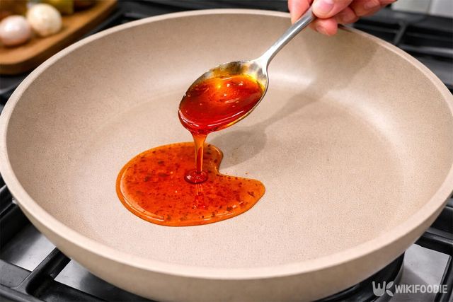 팬에 고추기름을 두르고 있다. / 위키푸디