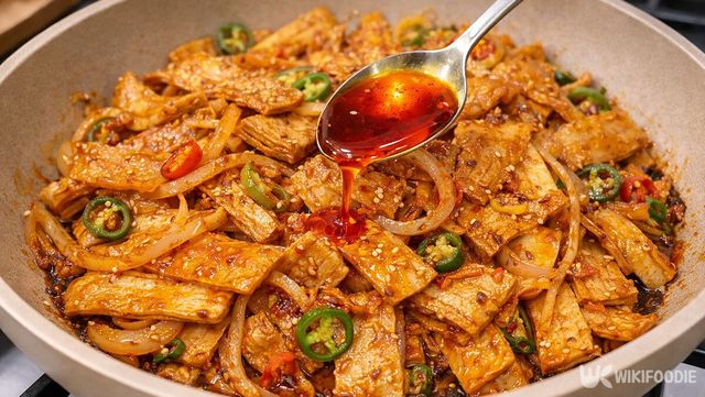 어묵볶음에 고추기름을 넣고 있다. / 위키푸디