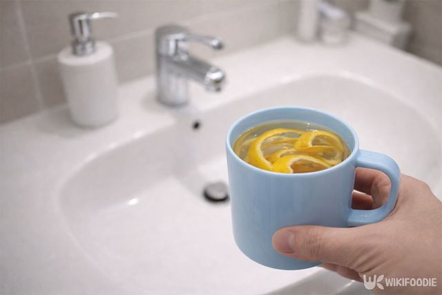 세면대에서 레몬 껍질이 담긴 컵을 들고 있다. / 위키푸디