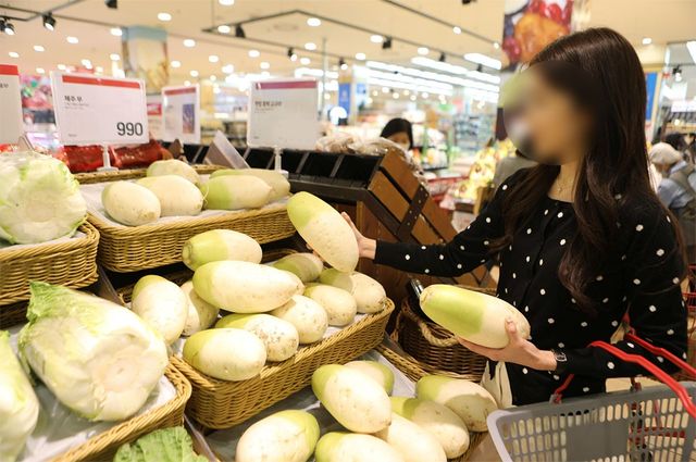 상생 무를 구매하고 있는 고객의 모습. / 롯데마트 제공