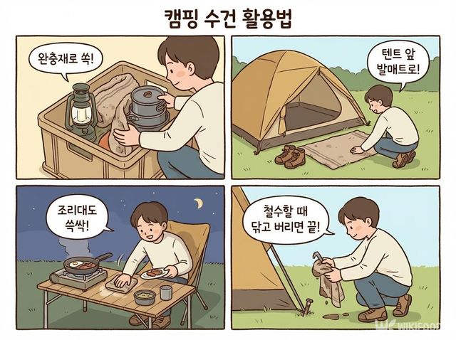 캠핑 이동부터 철수까지 낡은 수건을 완충재·매트·닦개로 활용하는 장면을 담은 이미지. / 위키푸디