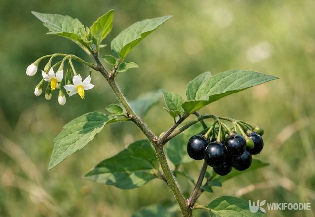 까마중 줄기에 흰 꽃과 열매가 함께 달려 있다. / 위키푸디