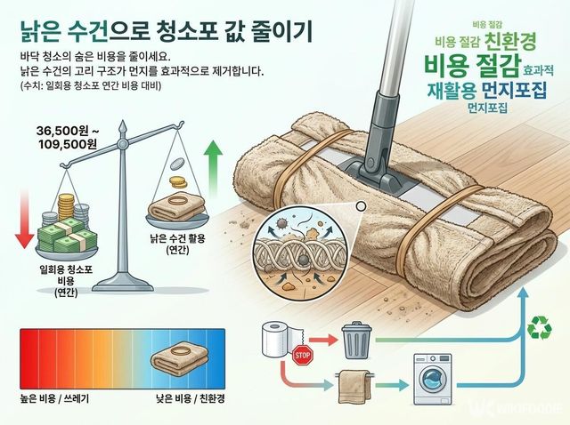 낡은 수건을 청소포로 바꿔 일회용 청소용품 비용을 줄이는 과정을 설명한 이미지. / 위키푸디