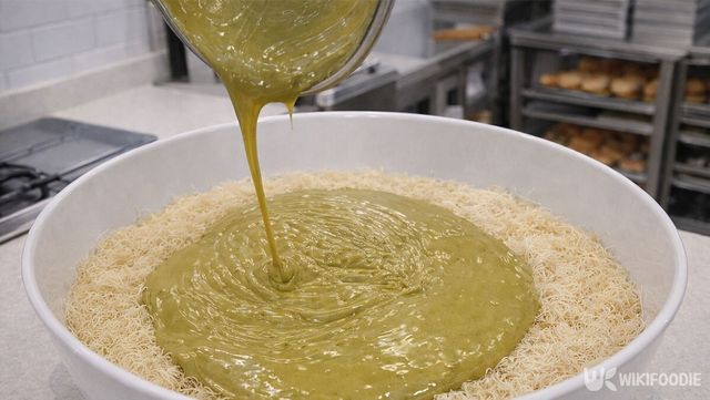 피스타치오 스프레드를 카다이프 면에 붓고 있다. / 위키푸디