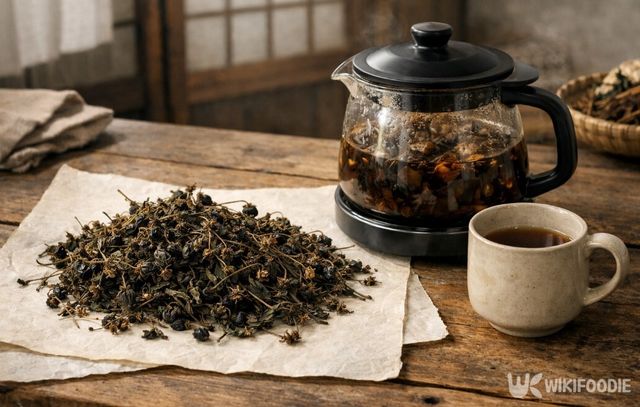 말린 까마중 전초와 달임 도구가 놓여 있다. / 위키푸디