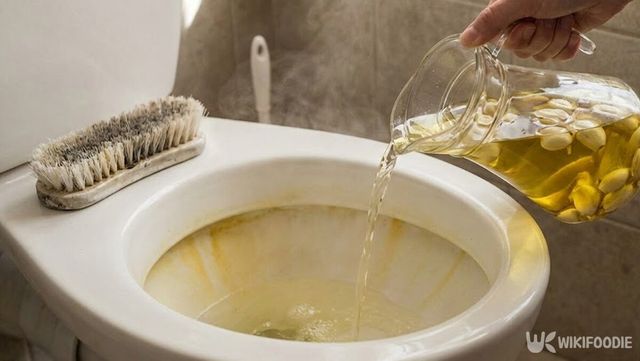 마늘을 우린 물을 부어 변기 안쪽 노란 물때를 정리하는 과정이다. / 위키푸디