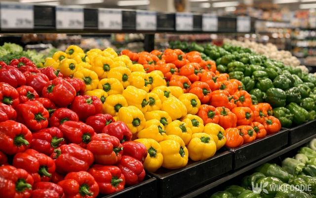 마트 채소 코너에 색깔별로 진열된 파프리카다. / 위키푸디