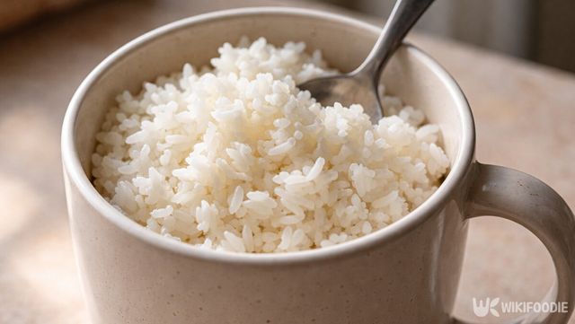 머그컵에 담긴 윤기 나는 밥이 담겨 있다. / 위키푸디