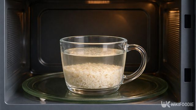 전자레인지 안에 놓인 투명 머그컵 속 쌀과 물이 담겨 있다. / 위키푸디