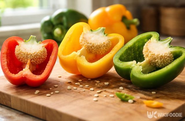 여러 색 파프리카가 손질돼 도마 위에 놓여 있다. / 위키푸디