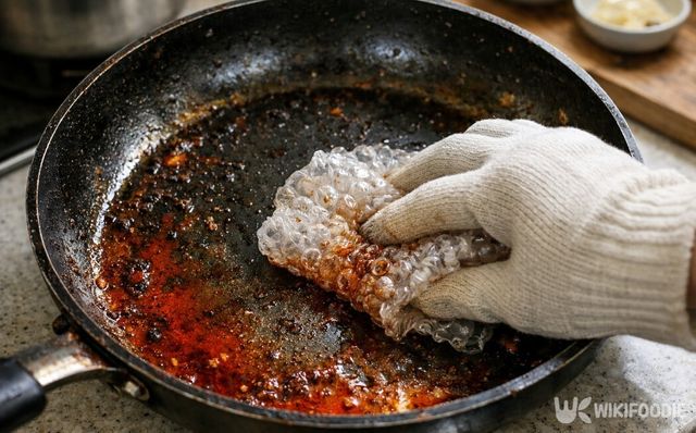 기름이 남은 프라이팬을 뽁뽁이로 한 번 닦아내면 본 설거지가 훨씬 수월해진다. / 위키푸디