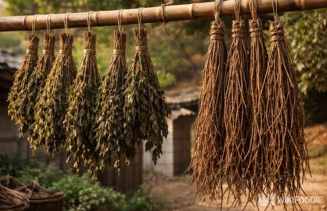 바람에 말려 보관하는 노박덩굴이다. / 위키푸디