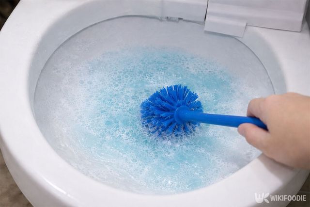 위에서 아래로 변기를 솔로 닦고 있다. / 위키푸디
