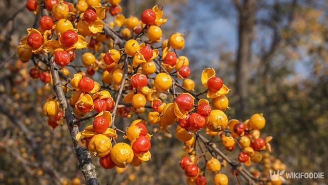 노박덩굴 열매가 노란 껍질 사이로 붉게 드러난 사진. / 위키푸디