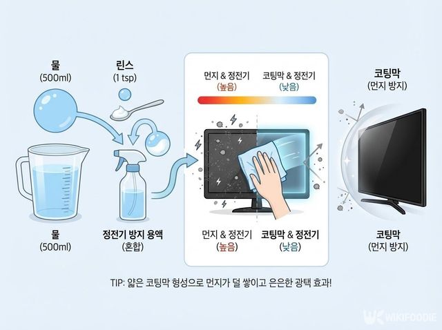 물과 린스를 섞은 정전기 방지 용액으로 모니터와 코팅막을 닦아 먼지 흡착을 줄이는 방법이다. / 위키푸디